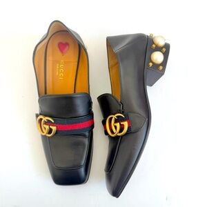 Gucci Black leather GG Web Pearl embellished Peyton loafers block heel EU 38